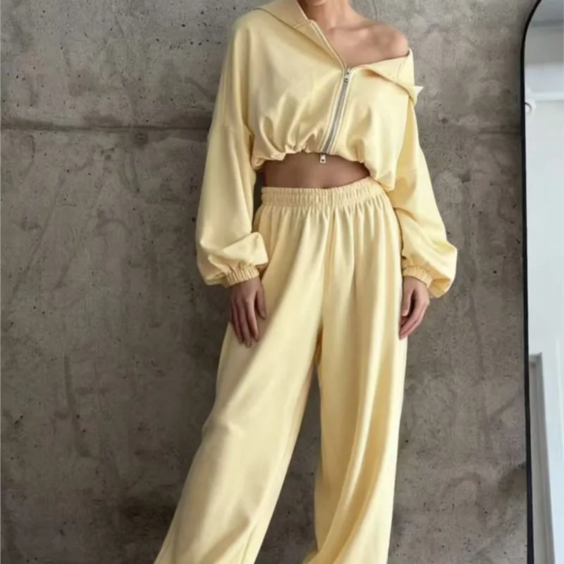 

Solid Color Long Sleeved Zipper Cardigan Hooded Sweatshirt Elastic Pants Two-piece Set Autumn Winter Women's Clothing Sports Set