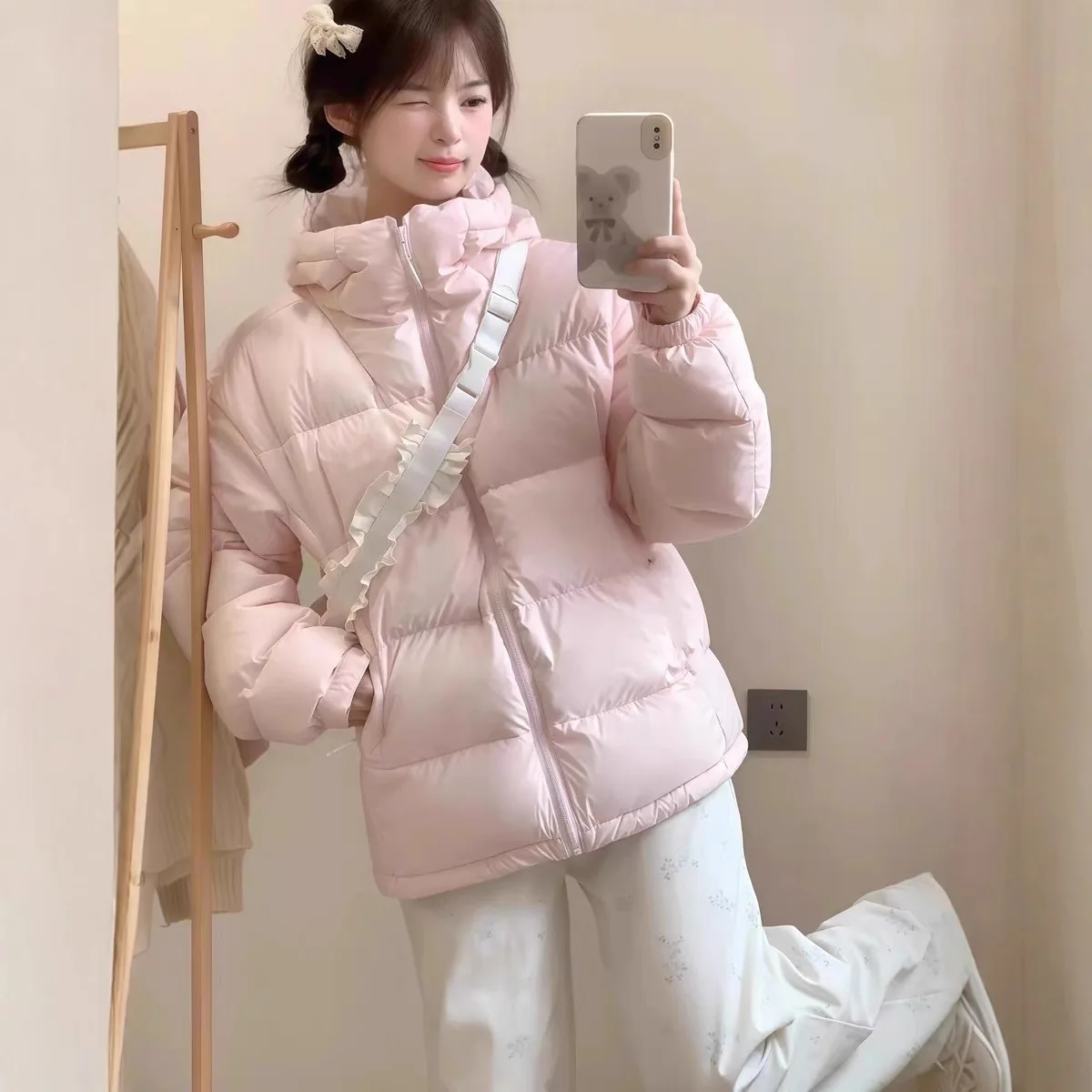 

Women's down Cotton Warm Hooded Coat Long Zipper Closure Color 2025 Winter Thiened Pink Puff Bread Sle