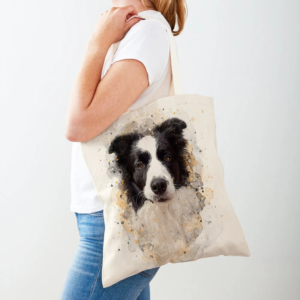 

Cute Cartoon Pet Dog Women Shopping Bags Canvas Tote Handbag Eco Reusable Both Sided Watercolor Animal Lady Shoulder Shopper Bag