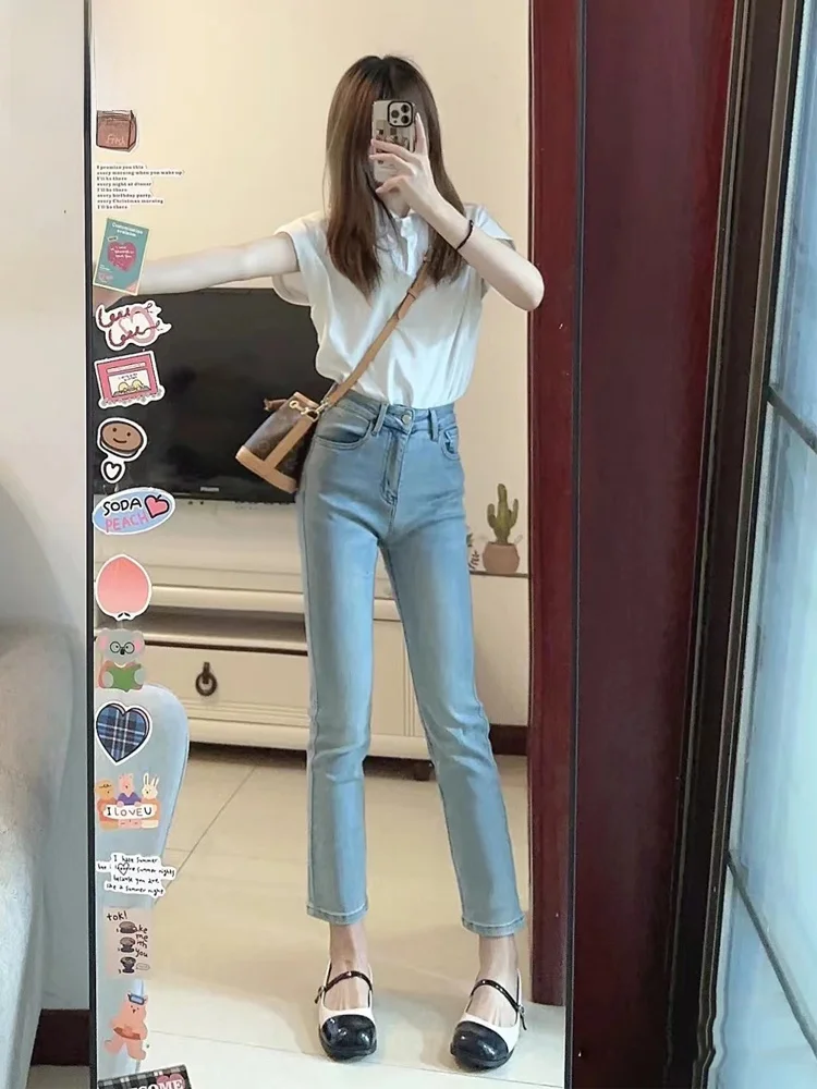

Ультратонкие джинсы из ледяного шелка с прямыми штанинами для женщин, летние, утягивающие, французский стиль, укороченные, джинсовые брюки-дудочки с высокой талией, чистый хлопок