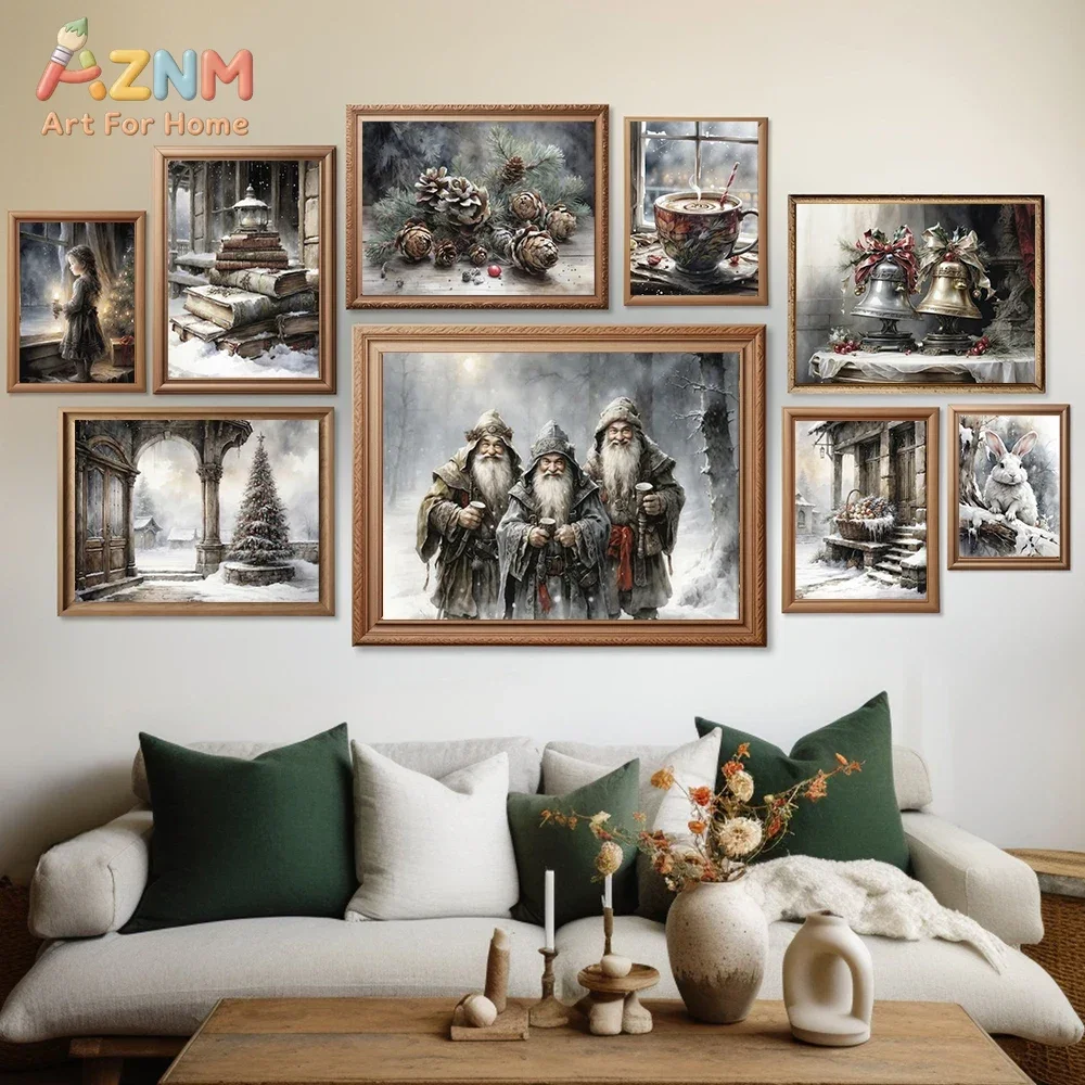 AZNM Vintage Victorian Winter Canvas Print, Gnome Snow Globe Bells Hot Cocoa Snowy Scene Unframed Canvas Painting, Christmas Wal