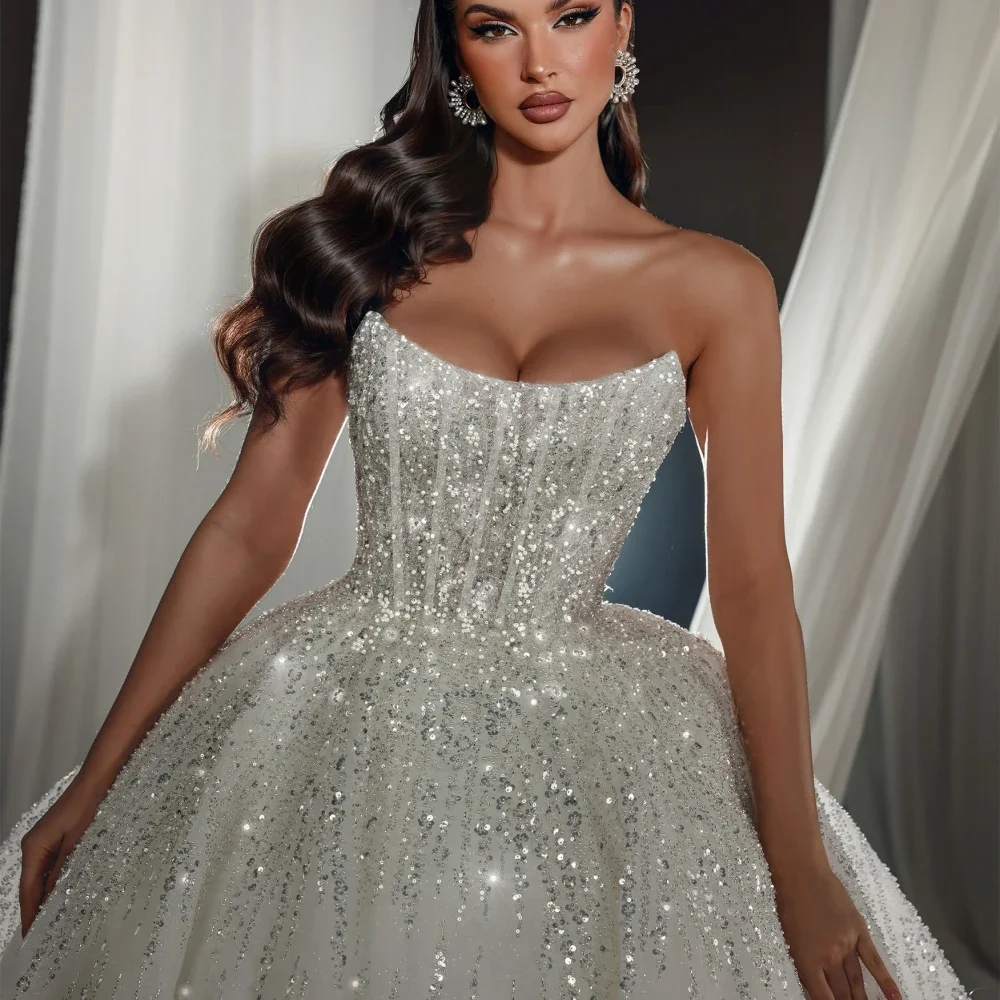 Flavinke personalizado sem alças sem mangas vestidos de noiva lantejoulas pérolas vestido de casamento de luxo vestido de baile noiva robe novia