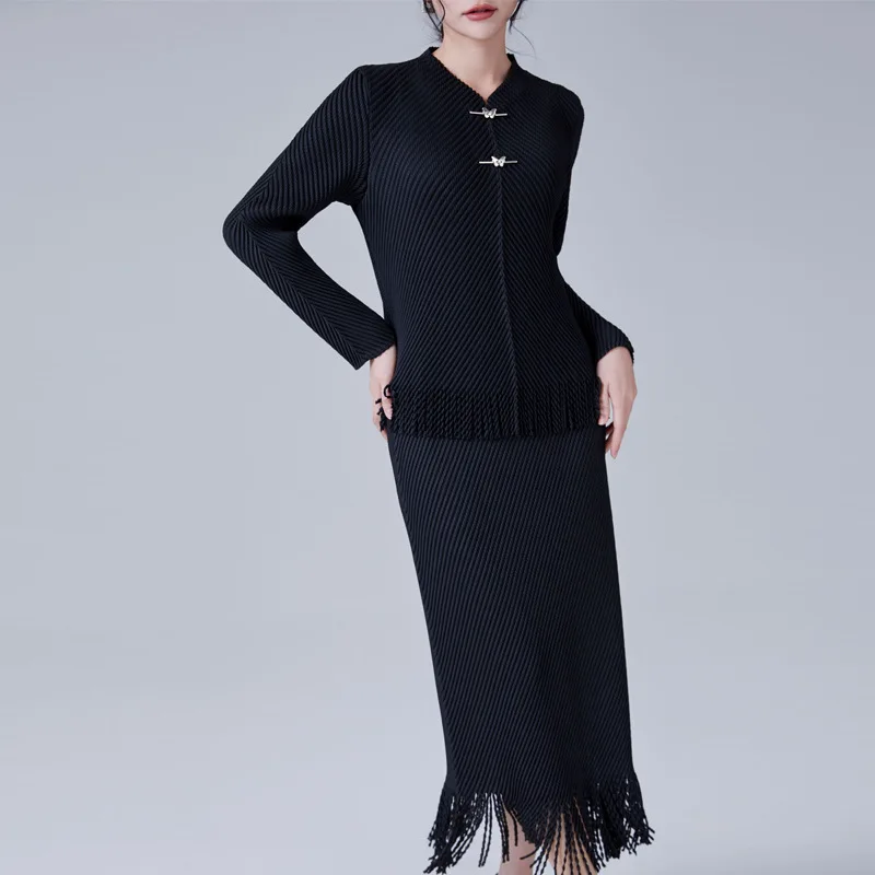 Miyake Fringe Skirt 2-piece Set Simple High-quality Fish Scale Pleated Fashion Atmosphere Slim Skirt Suit Set 2024 Early Spring