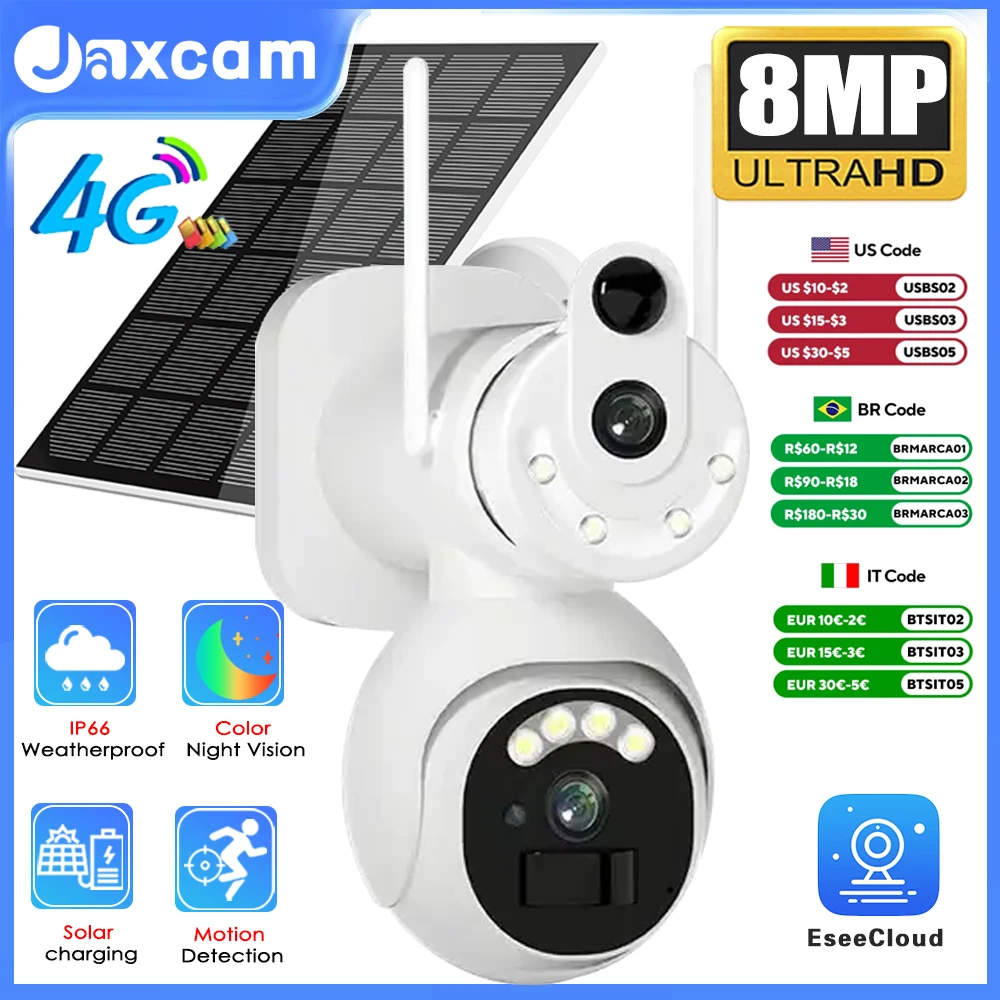 4G Dual Lens Dual Screen 8MP Solar Security Camera Outdoor 360° Color Night Vision Ai Automatic Tracking Video Surveillance Came