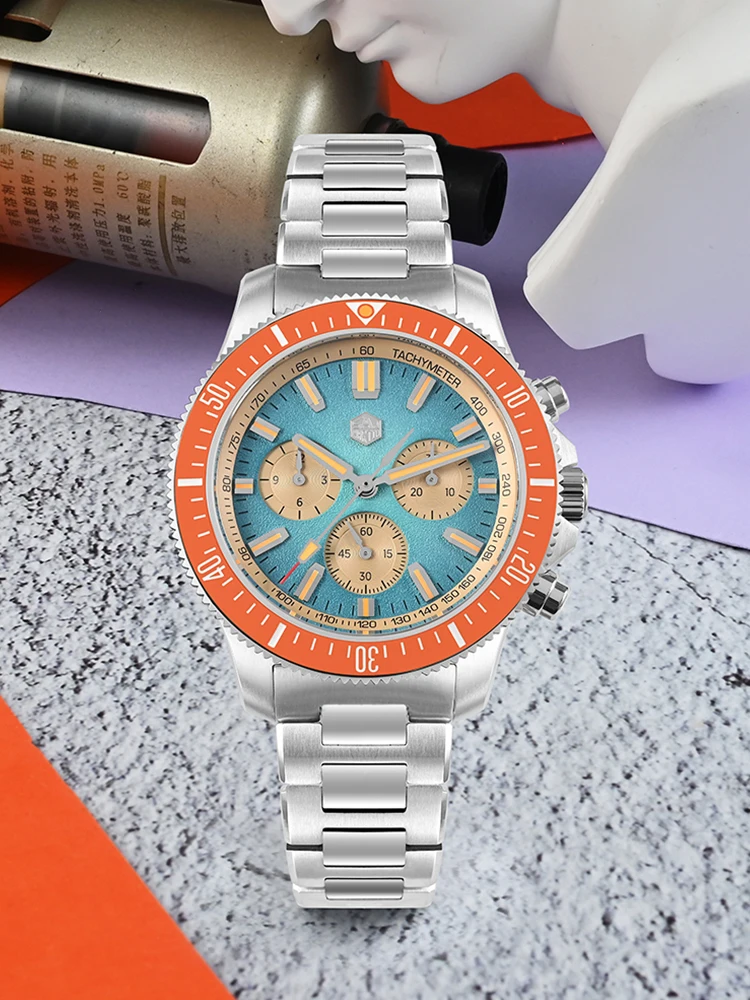 San Martin 40mm Peacock SL-4801 Mechanical Chronograph Watch Men