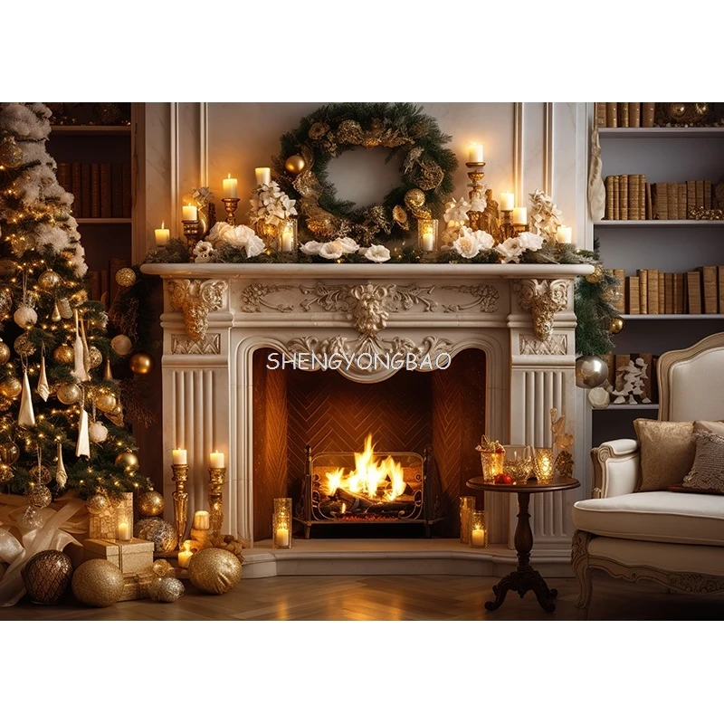 SHENGYONGBAO Christmas Day Fireplace Photography Backdrops Prop Window Living Room Interior Village House Theme Background DR-07