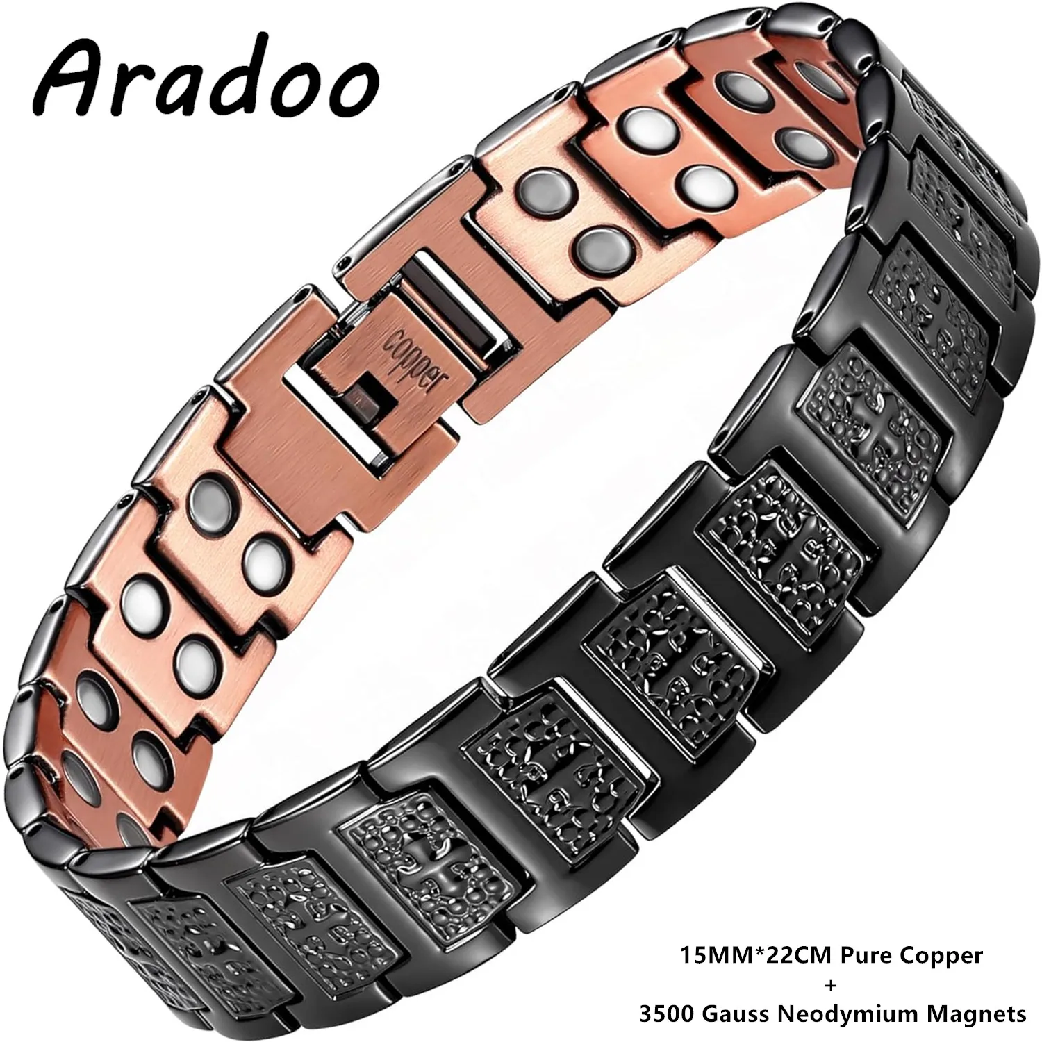 Pulsera de cobre ARADOO con cruz para hombre con potente terapia magnética de 3800 Gauss