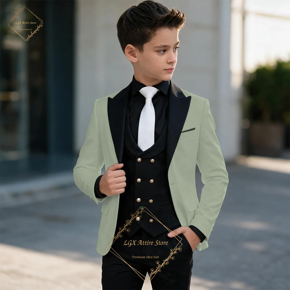 Boys White Double Breasted Blazer Set with Black Vest and Trousers 3 Pieces Formal Wedding Prom Suit