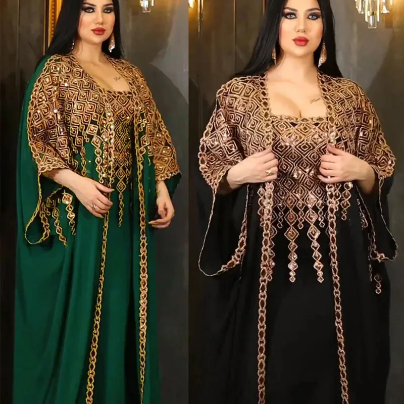

DY2025Eid 2 Piece Set with Inner Dress Party Abaya Women Ramadan Cardigan Long Dress Suits Kaftan Vestidos Largos Robe Jalabiya