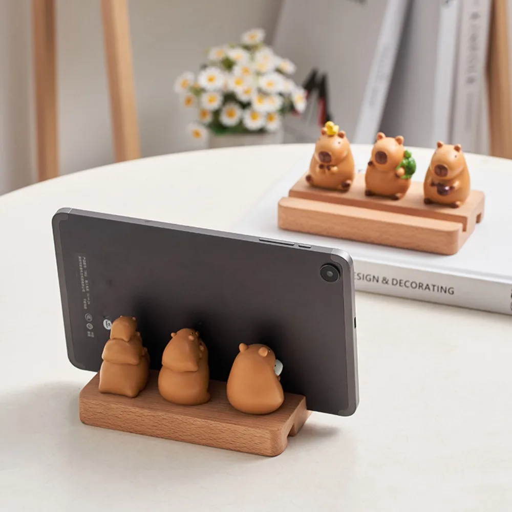 Figure Model Capybara Phone Holder Support PVC Doll Capybara Mobile Phone Stand Animal Wooden Capybara Cell Phone Bracket