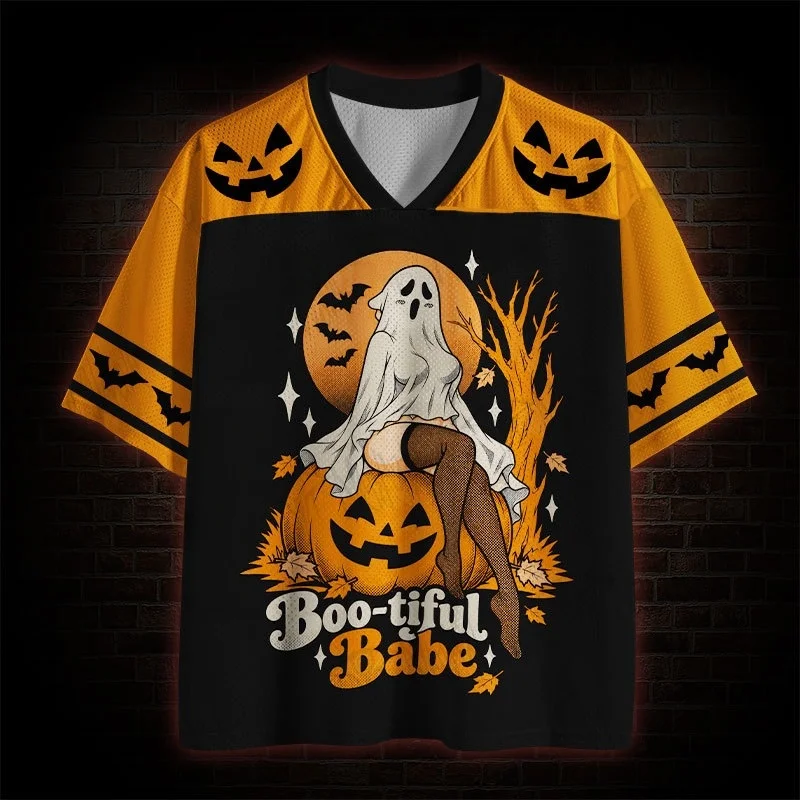 Boo-tiful Babe Halloween Jersey Shirt Ghost Pumpkin Graphic Top Y2K Sporty Streetwear Women Casual Short Sleeve Tee