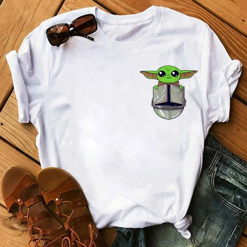 2023 Disney Stitch Baby Yoda Women T-shirt Cartoon Tees Star Wars Funny Female Tshirt White Loose Blouses Girls Y2K Clothes Tops