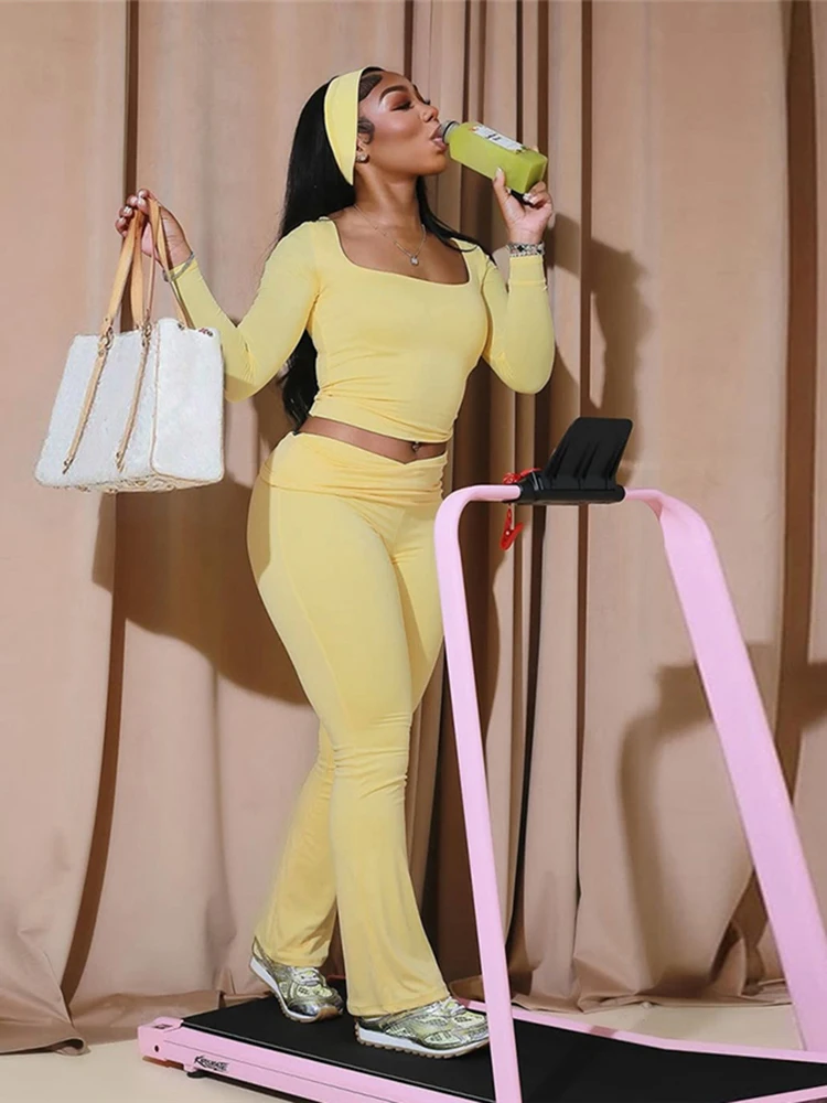 

Nibber Fit Casual Sporty 2 Piece Set Women o-Neck Full Sleeve Crop Tops+Ruched Elastic Waist Pants Fashion Versatile Style Suit