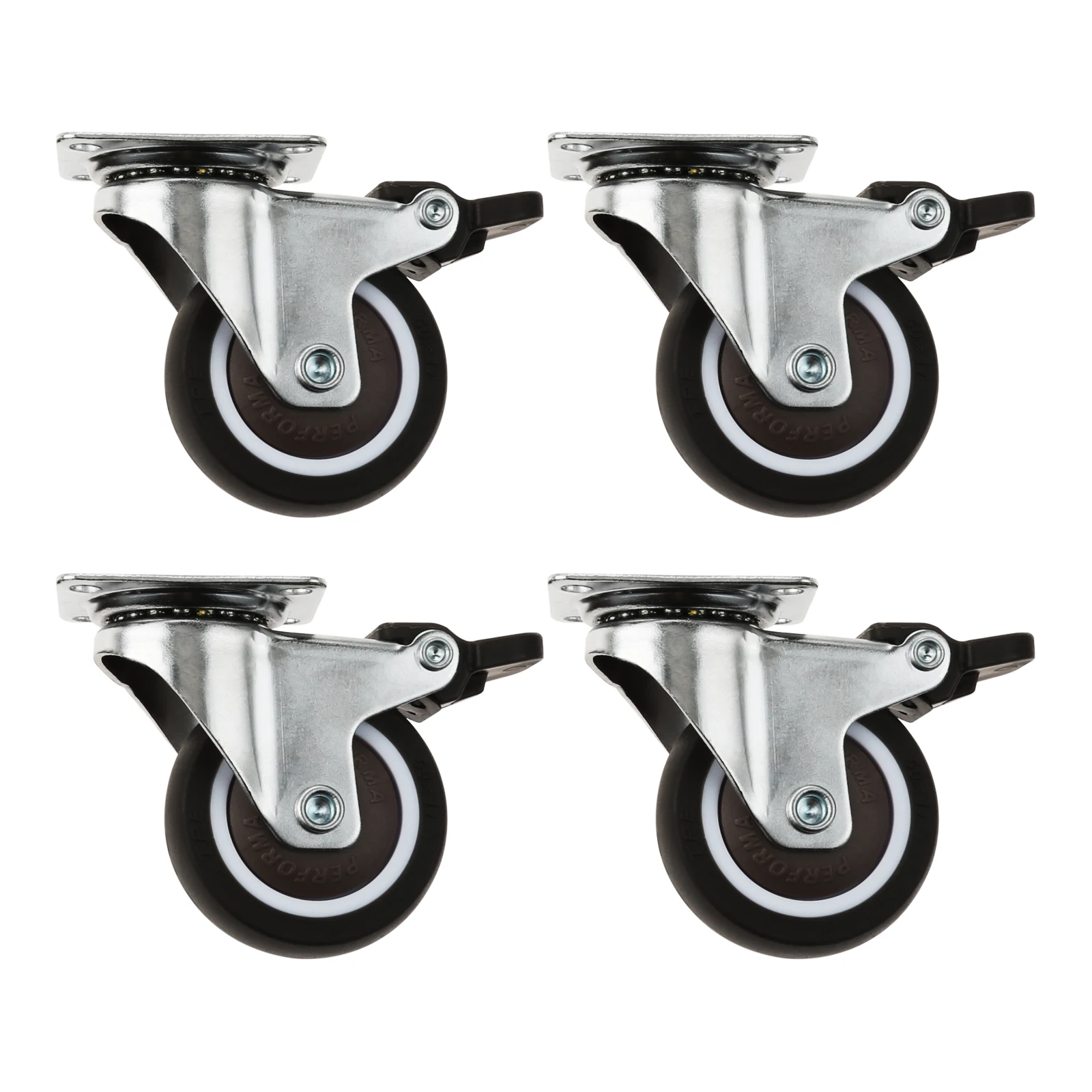 4pcs 2 Inch Caster Wheels with Brake Plate Locking PU Rubber 360 Degree Swivel No -noise Flat Bottom Cabinet Dresser Table Cart