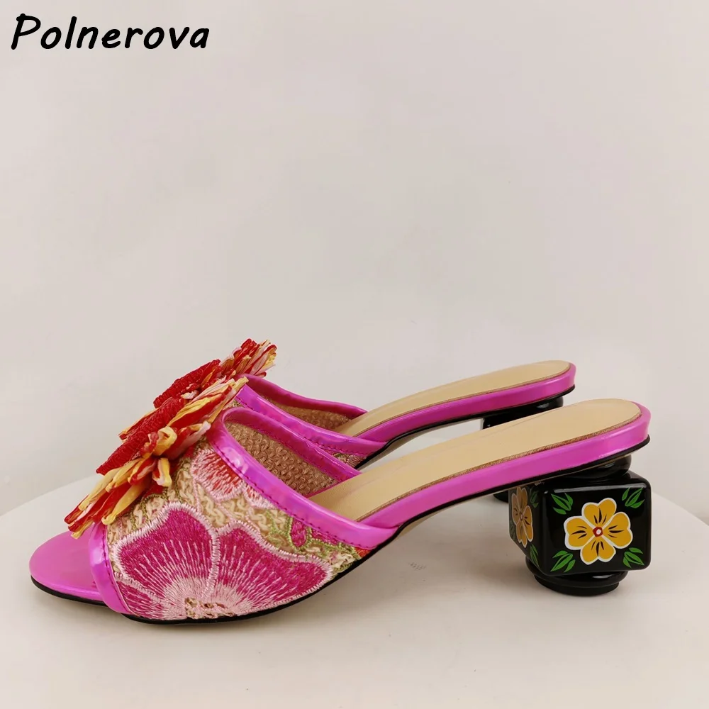 Sunflower Embroidered Painted Heel Slippers Open Toe with Handmade Floral Slide Sandals Block Heel Bohemian Summer Shoes