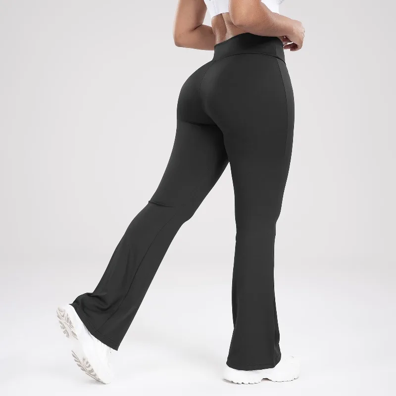 Pantalones deportivos de cintura cruzada para mujer, pantalones informales con parte inferior acampanada, pantalones de Yoga ajustados, levantamiento de glúteos de cintura alta, mallas de color melocotón