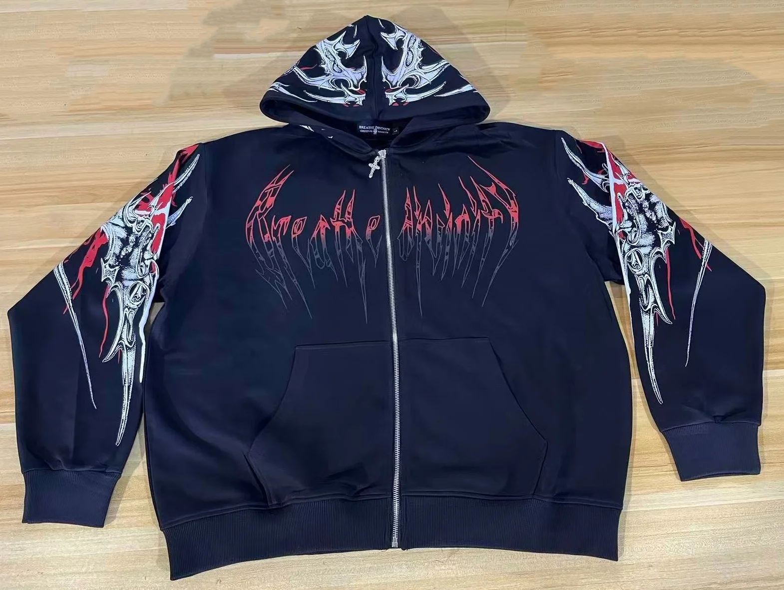 Breathedivinity Fitness Loose Printed Circle Pattern Full-Closure Zippered Hooded Sweatshirt