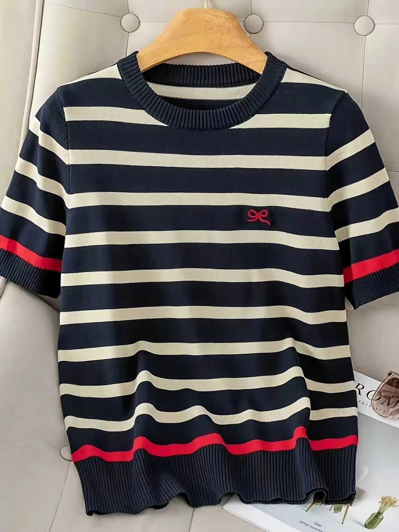 

2026 Spring Summer New Embroidery Striped Knit Tops Women Crew Neck Short Sleeve Pullover Fashion Casual Versatile Basic Knit Bl
