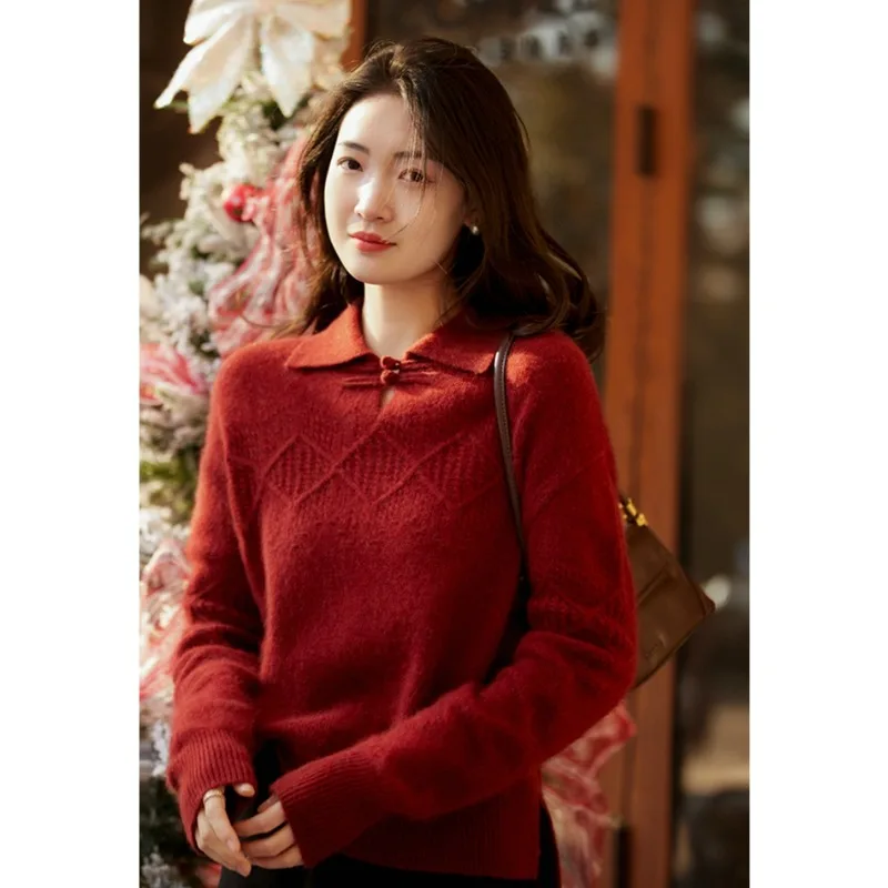 

Miiiix New Chinese Style Soft Knitted Button Up Sweater for Women's Autumn and Winter New Lapel Pullover Top Female Clothing