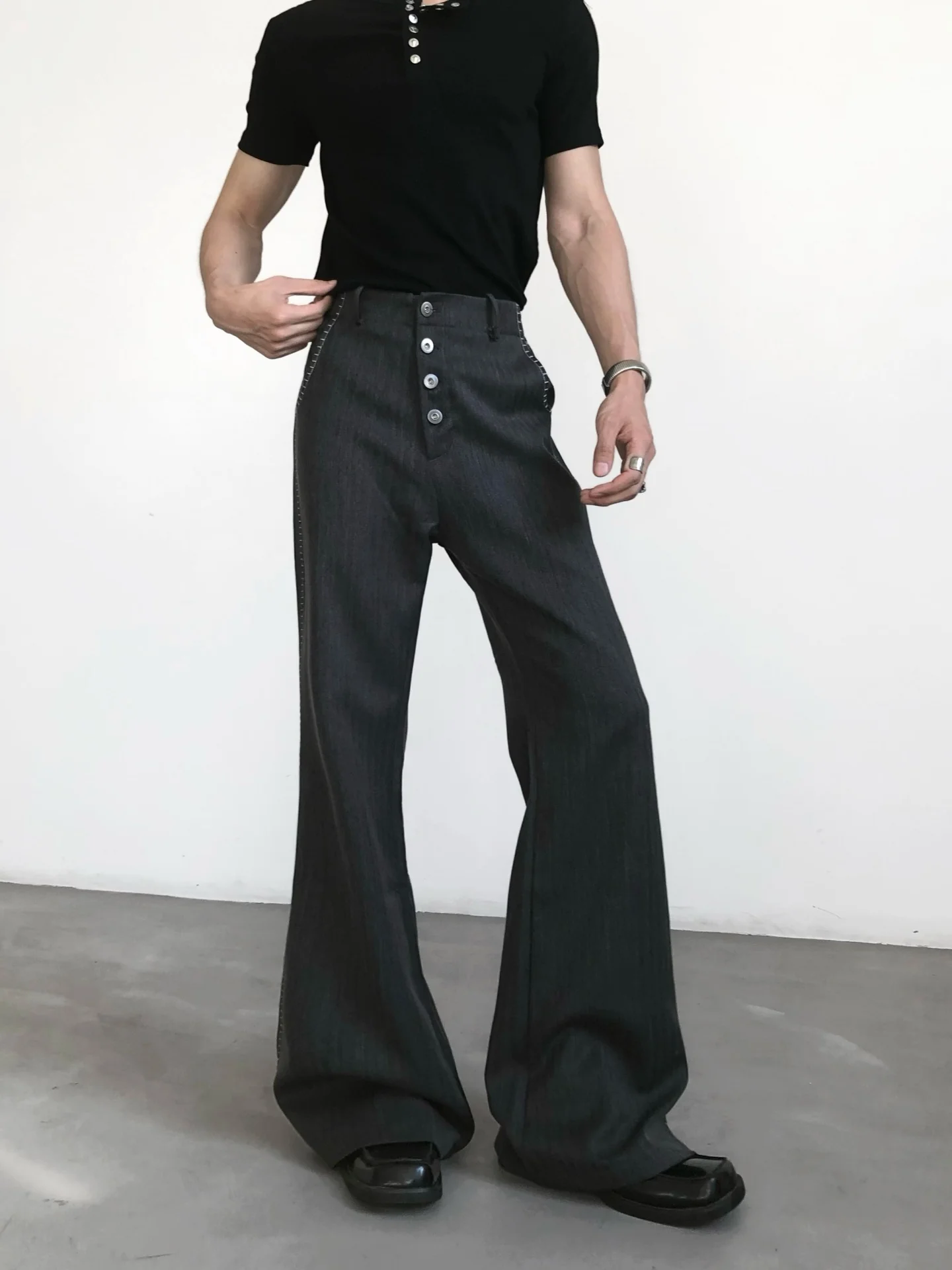 Classic Minimalist Men's High Waist Straight Leg Striped Pants Commute Casual Flared Long Trousers Polyester Fiber Profession...