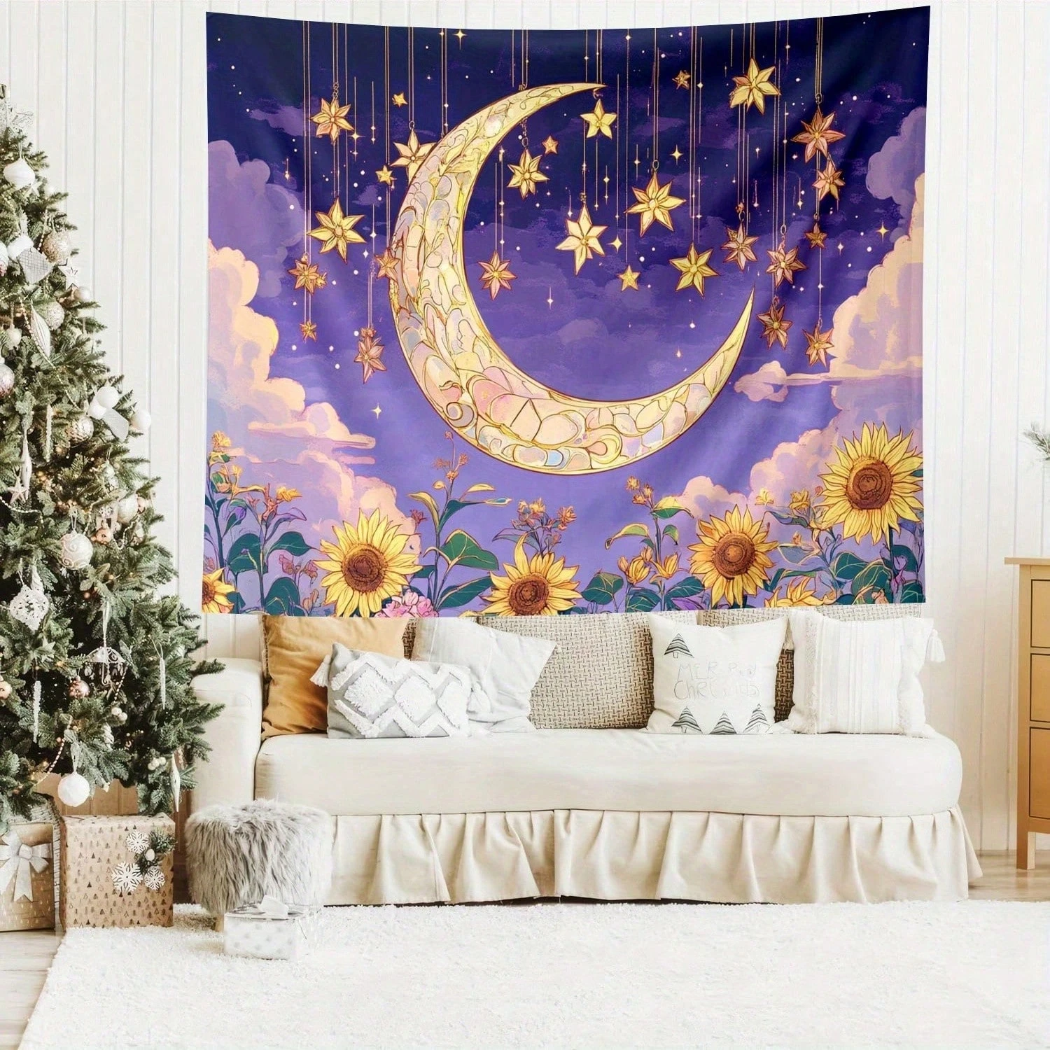 1pc Bohemian Moon Stars Wall Hanging Tapestry Dreamy Floral Sunflower Field With Lilac Yellow Northern Lights Bedroom Home Decor