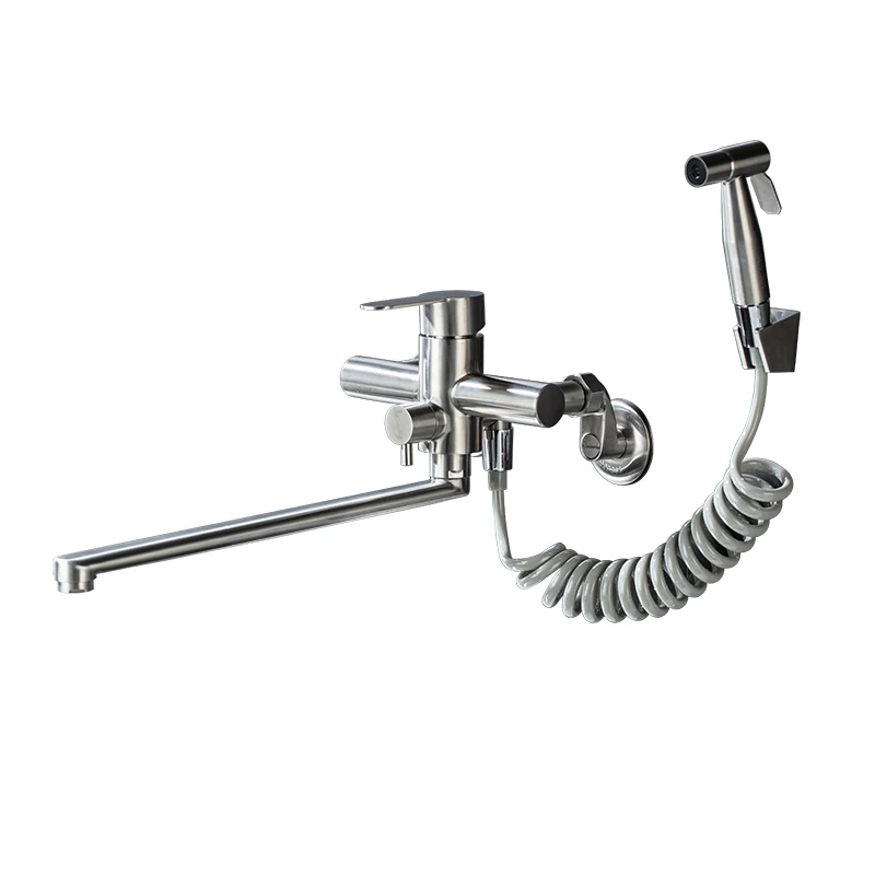 Wall Mounted Dual Hole Faucet with Handheld Spray Chrome Single Handle Vegetable Basin Faucet Hot and Cold Mixing Faucet