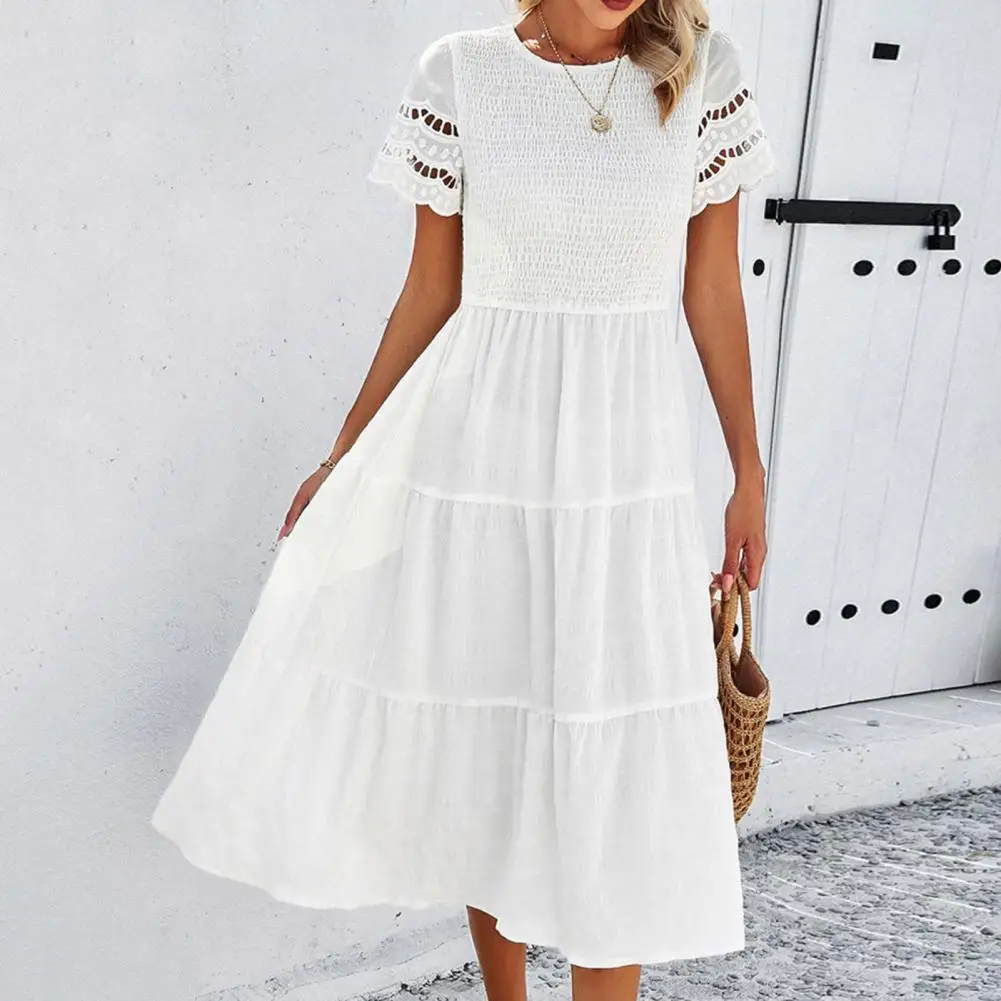 Dress Elegant Pleated Patchwork Midi Dress For Women Soft Breathable A-line Summer Dress With Hollow Out Short For Dating