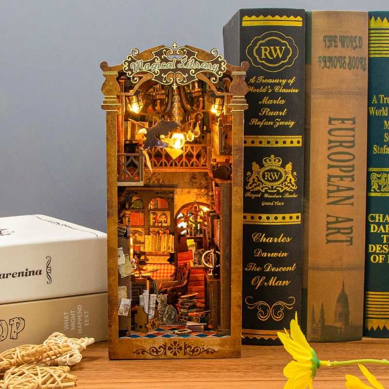 Magical Library DIY Book Nook Kit Miniature Bookshelf Insert with LED Light 3D Wooden Puzzle Building Kit Craft Gift Dollhouse