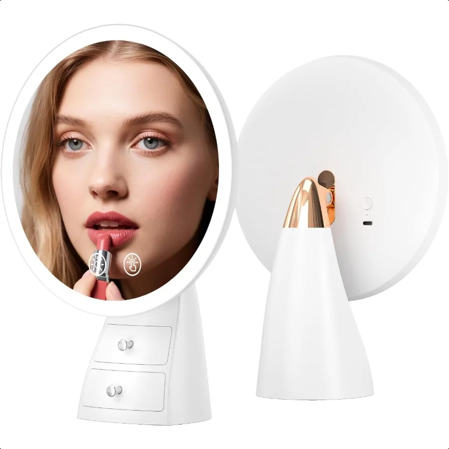 

Makeup Mirror with Lights Make Up Desk Mirror with Organizer Rechargeable Touch Control 3 Color Lights and Adjustable Brightn L