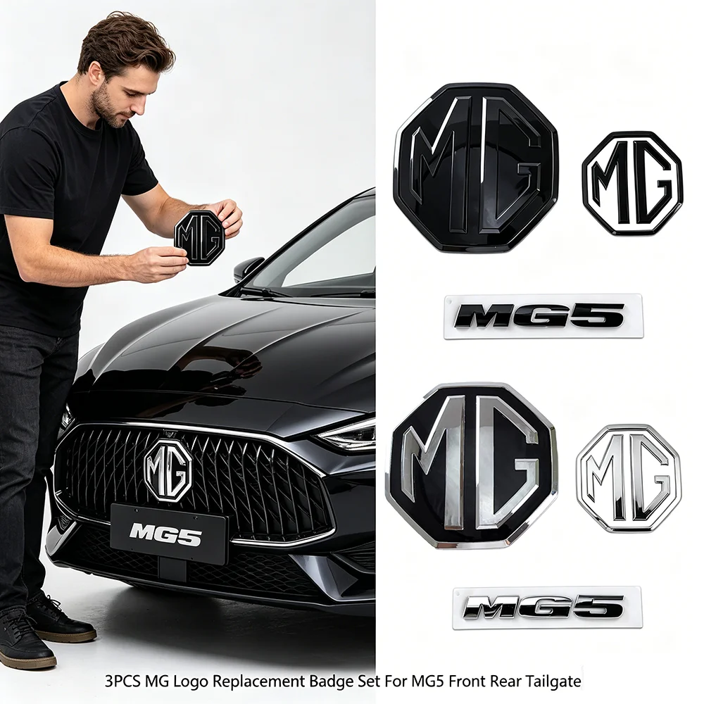 3PCS MG Logo Badge Set Gloss Black Chrome Replacement Emblem for MG5 Car Front Rear Tailgate Sticker Auto Exterior Accessories