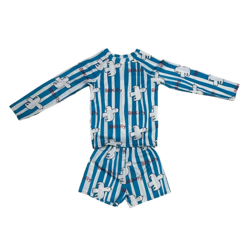 25 Summer New Korean Children's Clothing Children's Cartoon White Dove Printed Blue Long-sleeved Shorts Swimsuit Suit