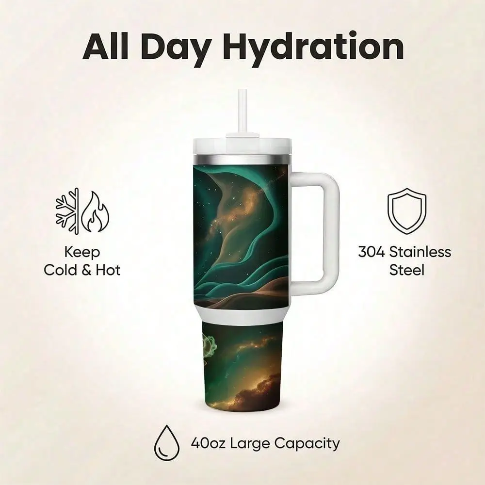 1Pc 40oz Insulated Car Cup, Stainless Steel Vacuum Tumbler With Handle And Straw,Twelve Zodiac Signs And Galaxy Nebula Pattern F