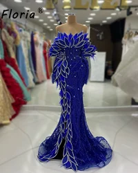 Luxury Dubai Royal Blue Mermaid Evening Dresses 3D Appliques Feathers Leaves Formal Occasion Gowns Red Carpet Vestidos de gala