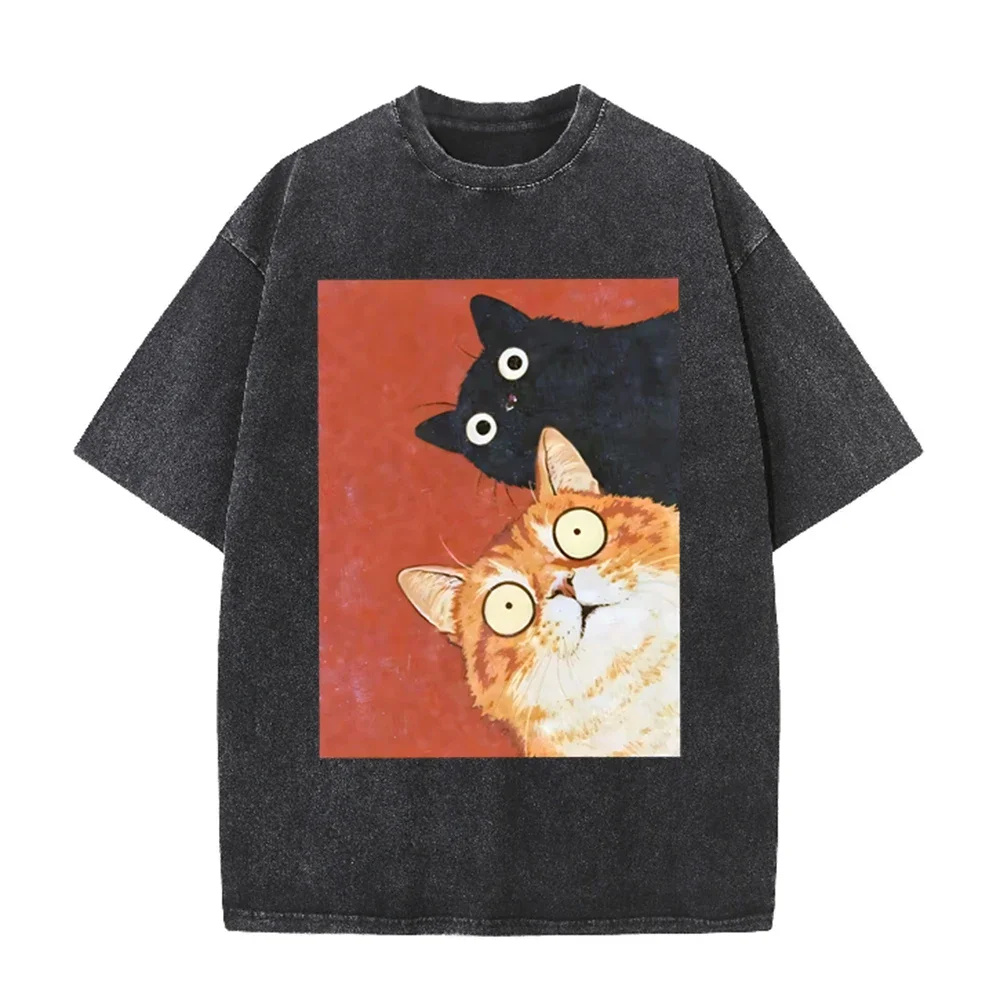 2026 Surprised Orange Black Cat Retro Oil Painting Graphic Black Washed T Shirt Cute Pet Animal Casual Oversized Unisex Short Sl