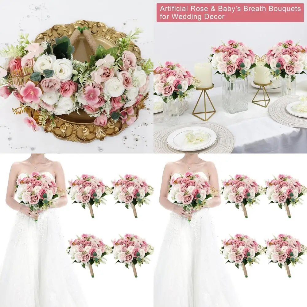 

7 Inch Ivory Artificial Bridesmaid Bouquets with Dusty Pink & White Flowers for Wedding Ceremony or Party Centerpieces
