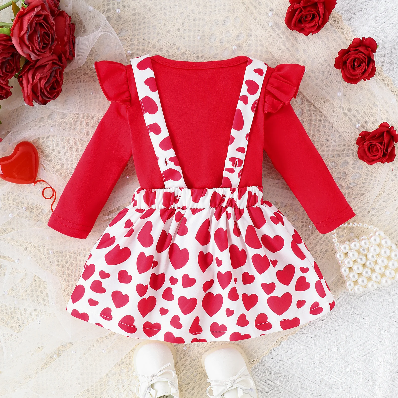 2PCS Spring And Autumn 0-1 Years Old Girl Baby Sweet And Fashionable Red Flying Sleeve Suit + Elephant Caring Strap Skirt Set