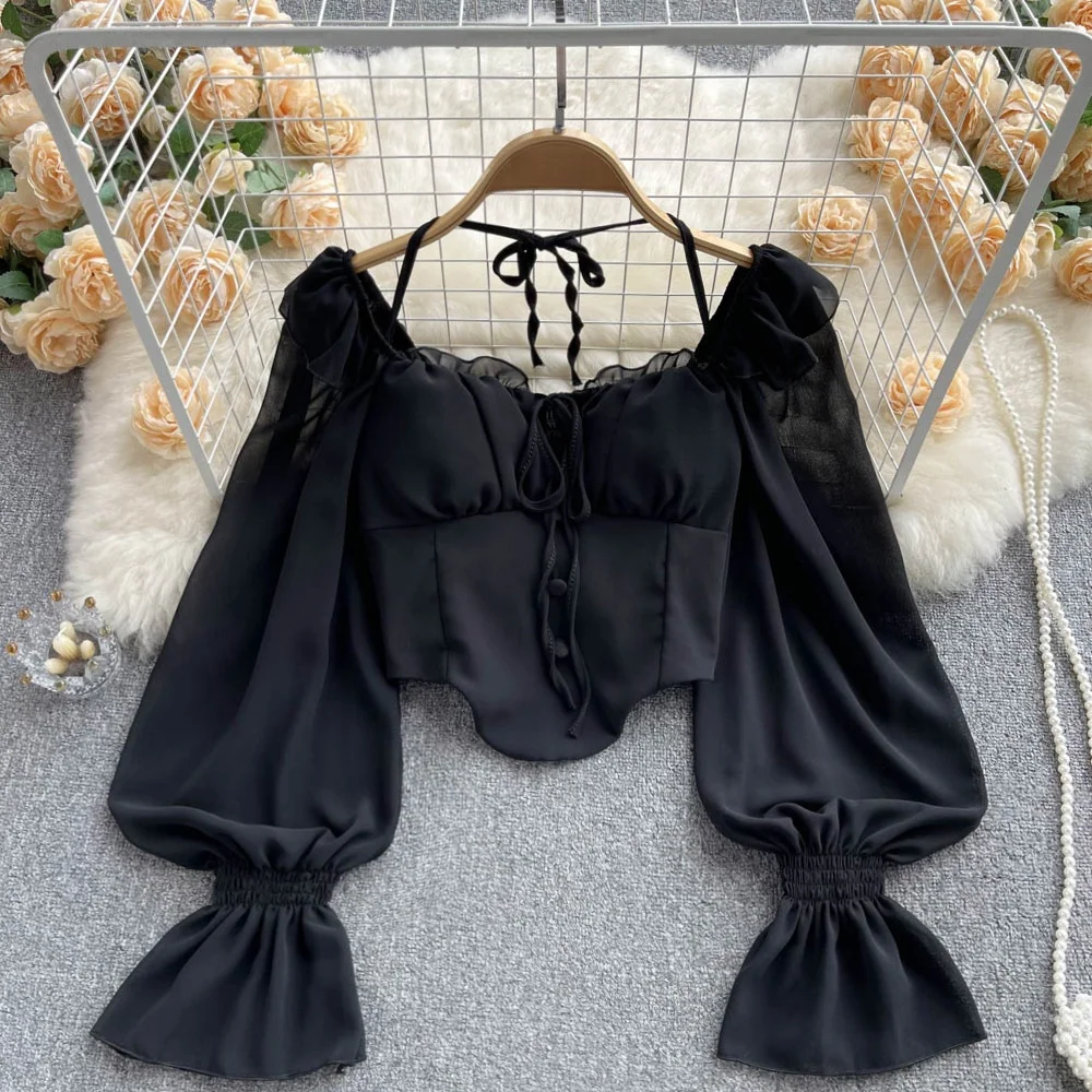 フレンチスタイルレースシャツ半袖ネックハンギングベルト初秋ベルスリーブホワイトブラウスレディースルーズフィットロングスクエアカラー