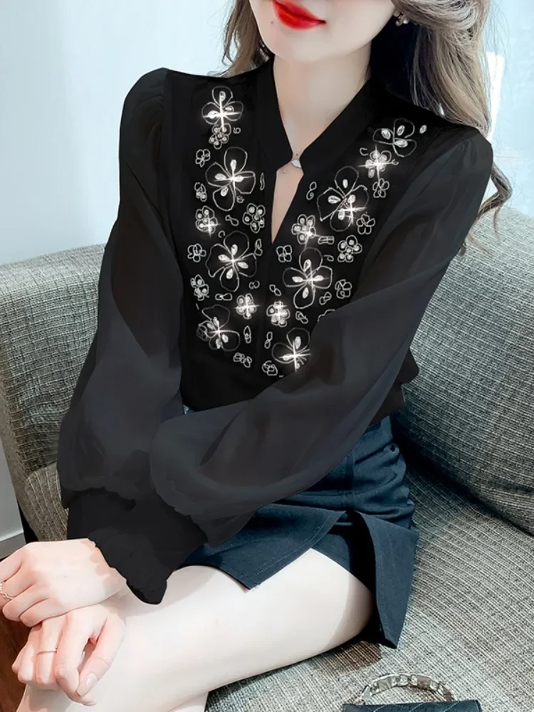 

Heavy Industry Beads Long Sleeve Chiffon Shirt for Women 2024 Spring New Office Lady V-neck Puff Sleeve Top Blouse Female