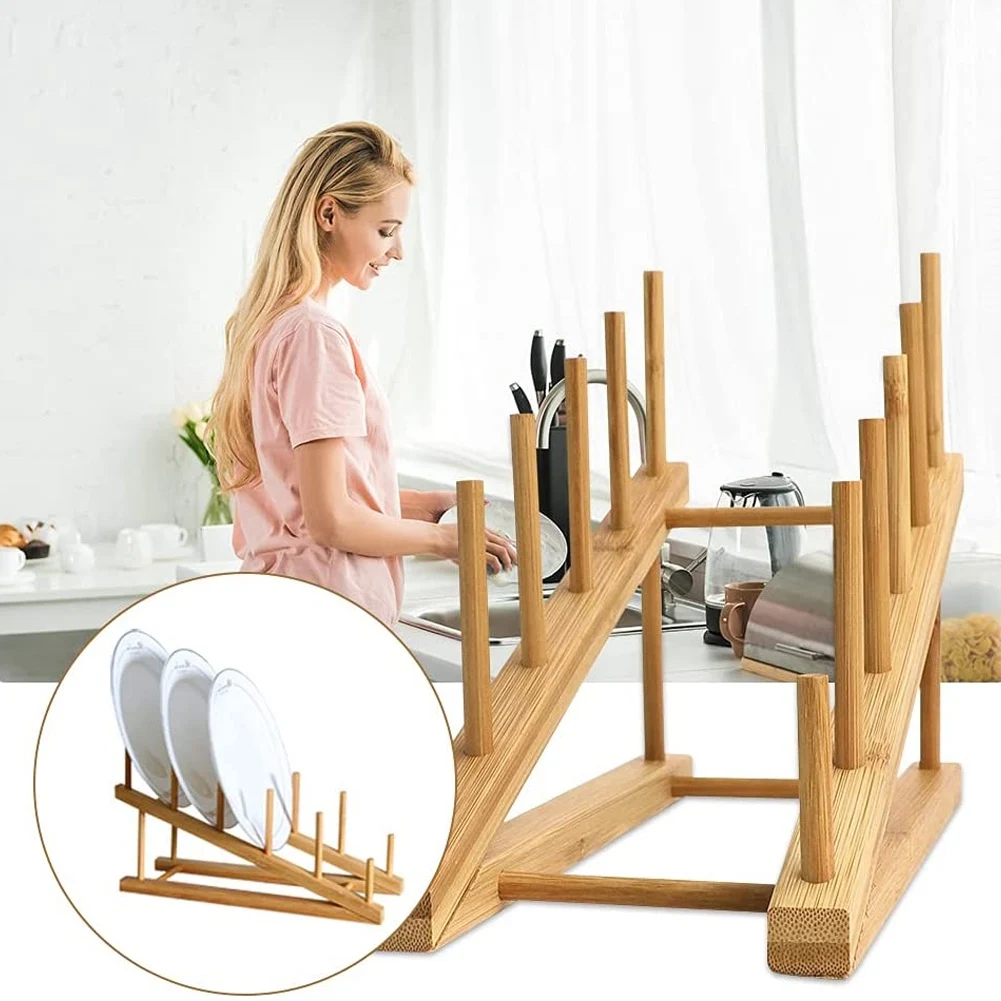 

ABYN-2 PCS Wooden Dish Rack Bamboo Plate Rack Stand Pot Lid Holder, Dish Drying Rack Kitchen Cabinet Organizer For Dish Plate