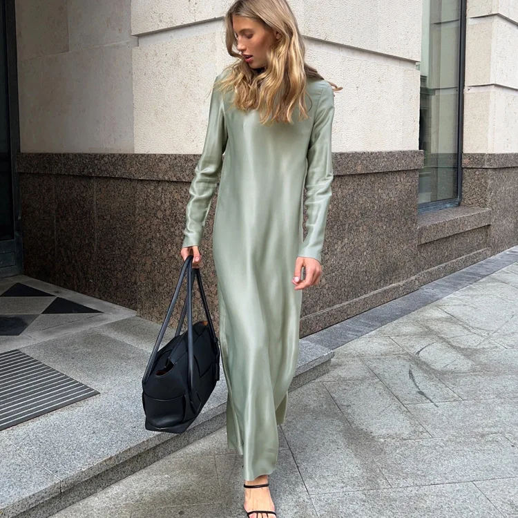 Outono inverno nova feminina cetim drapeado saia longa moda cor sólida manga comprida vestido solto diário combinando deslocamento wear