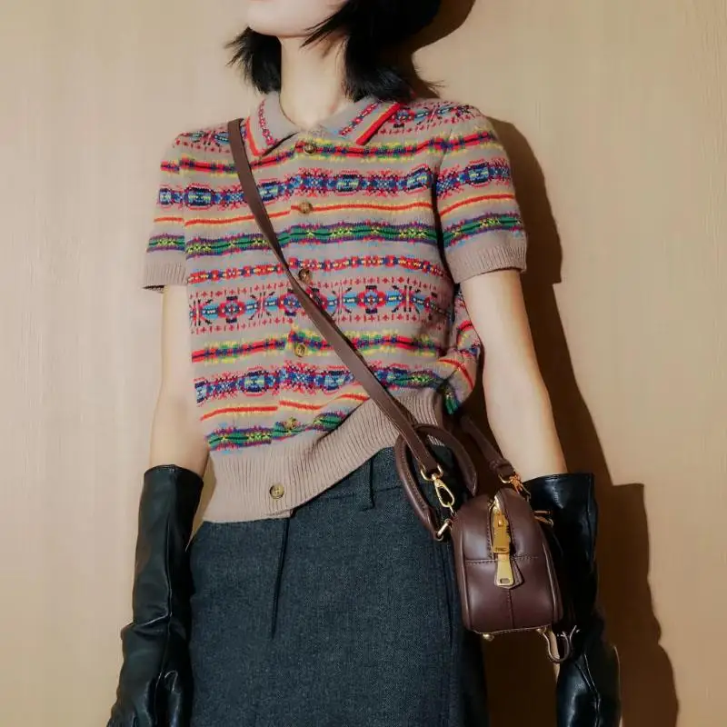  Lauren Style Fair Isle Craft Cashmere Open Cardigan Vintage Knitted  Collar Short Sleeve Women's Warm Sweater