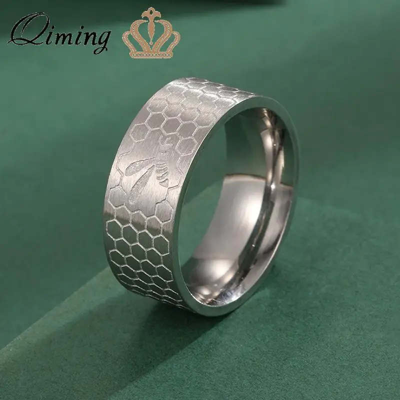 QIMING Honey Comb With Bee Women's Ring Female Insect Honeybee Honeycomb Statement Jewelry Stainlss Steel Rings