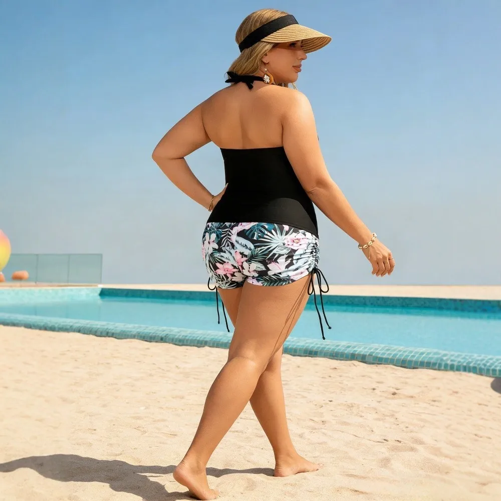 Swimwear 2026 Tankini With Shorts Tankini Top Halter Neck Floral Print Swim Tank High Waist Black Solid Two Piece Swimsuit view 4