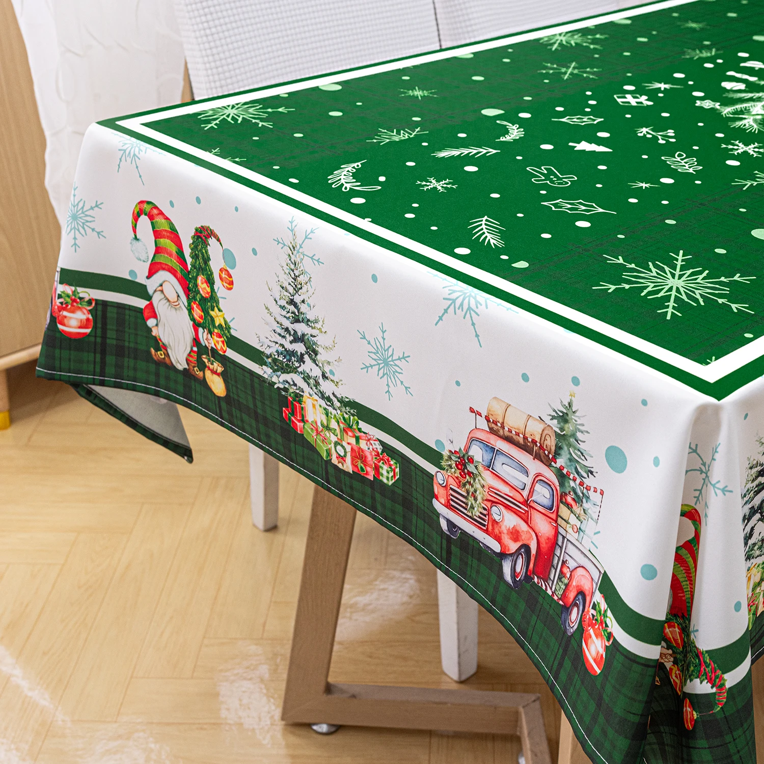 Christmas gnome green printed polyester rectangular tablecloth, kitchen party dining tablecloth