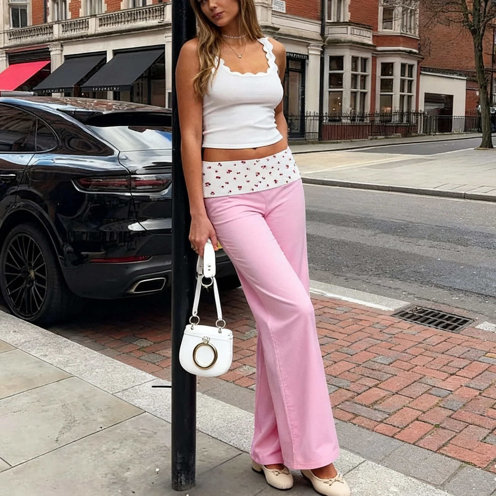 Pantalones de salón para mujer, pantalones de pierna ancha con cintura elástica y estampado Y2K, pantalones informales holgados, ropa de calle para salir a la moda