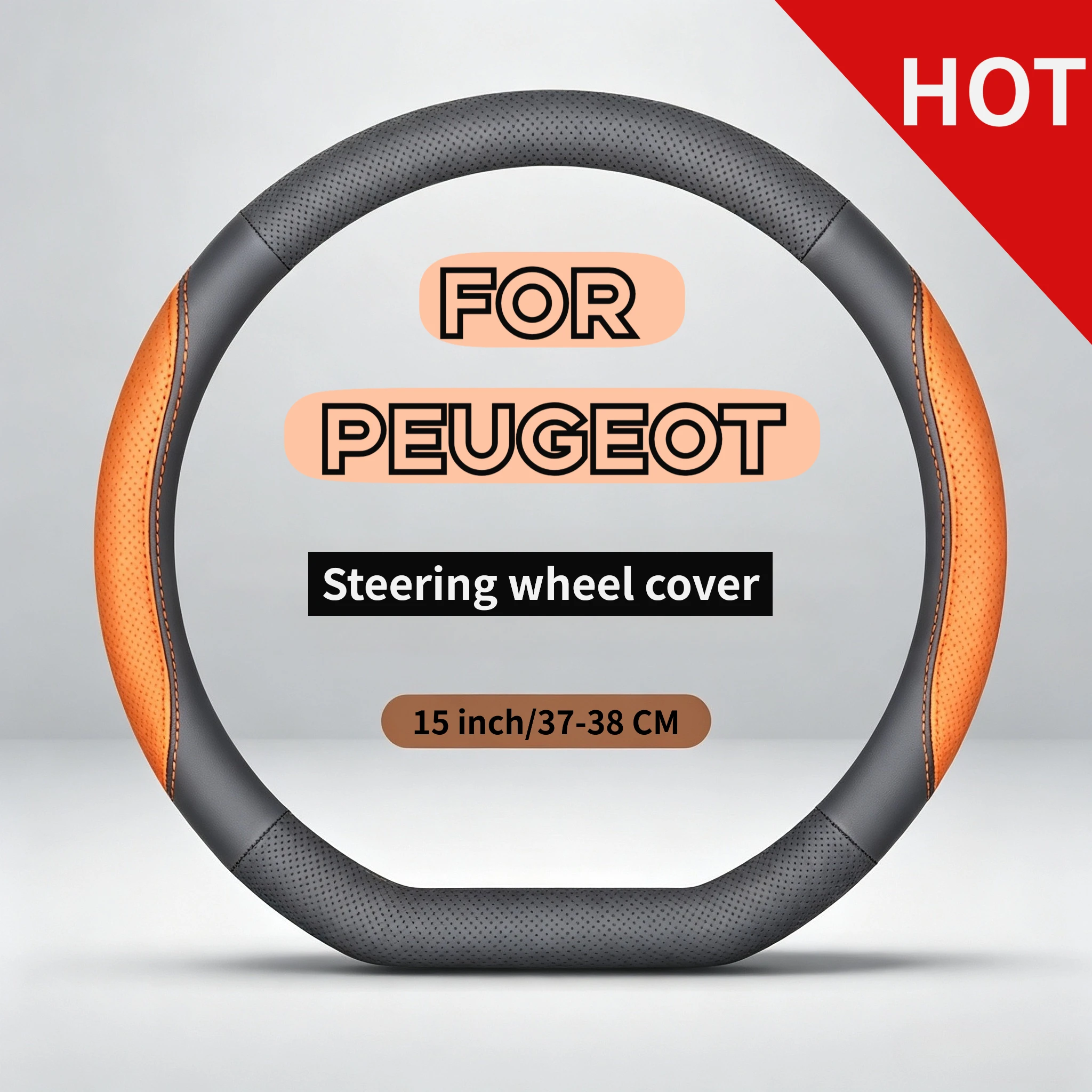 14.5-15 inch leather patchwork steering wheel cover, suitable for Peugeot 3008 5008 4008508 508 SW 308 SW Rifter Traveller