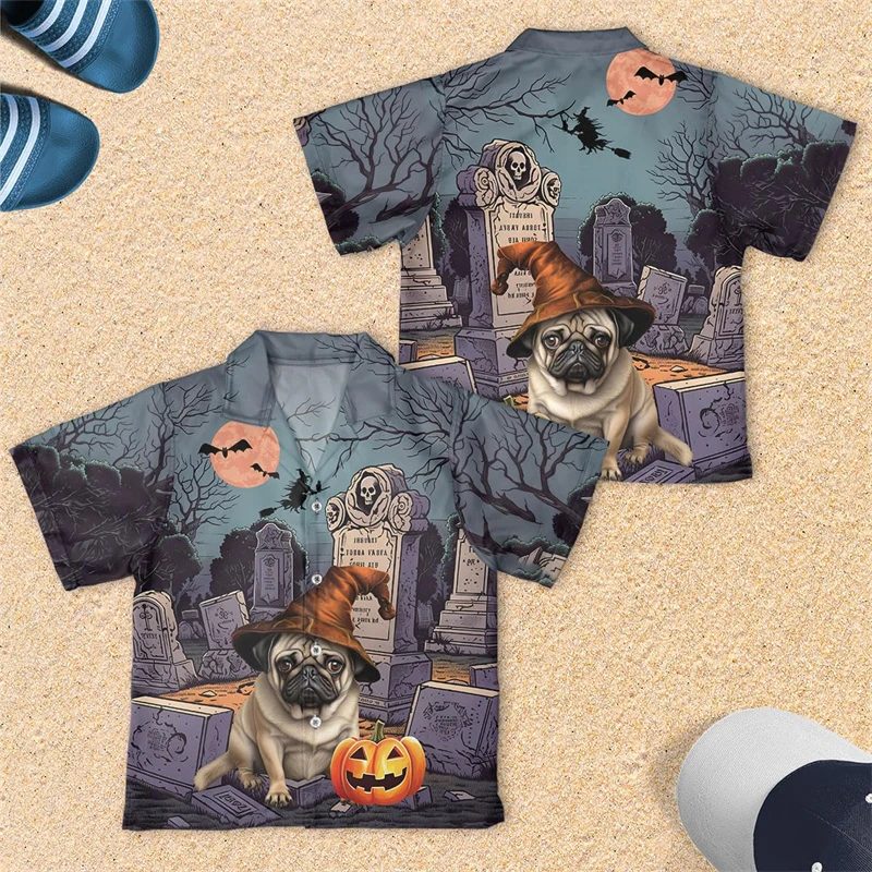 Small Size Dachshund Poodle Dog Halloween Shirts For Men Clothes Funny Pet Dogs Lapel Blouse Boy Short Sleeve Corgi Button Tops