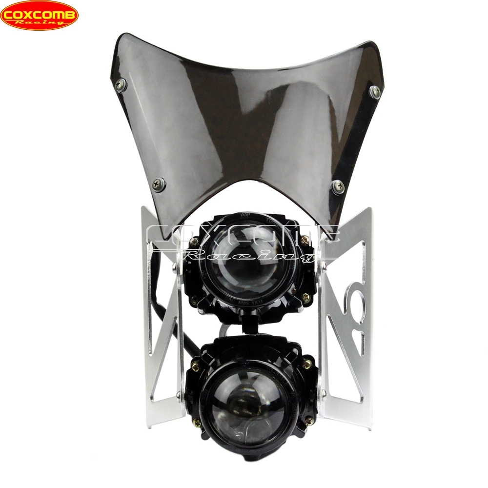 مصباح أمامي مزدوج للدخان الزجاج الأمامي ، مصباح أمامي ضوئي ، دراجات شوارع هوندا سكرامبلر ، رياضة مزدوجة عارية ، دراجة نارية ترابية