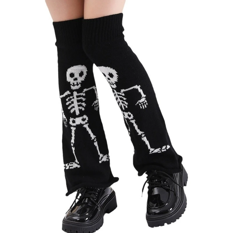 Gothic Punk Skull Skeleton Knitted Leg Warmers Women Girls Harajuku Foot Leg Covers Baggy Loose Flared Over Knee Long Socks