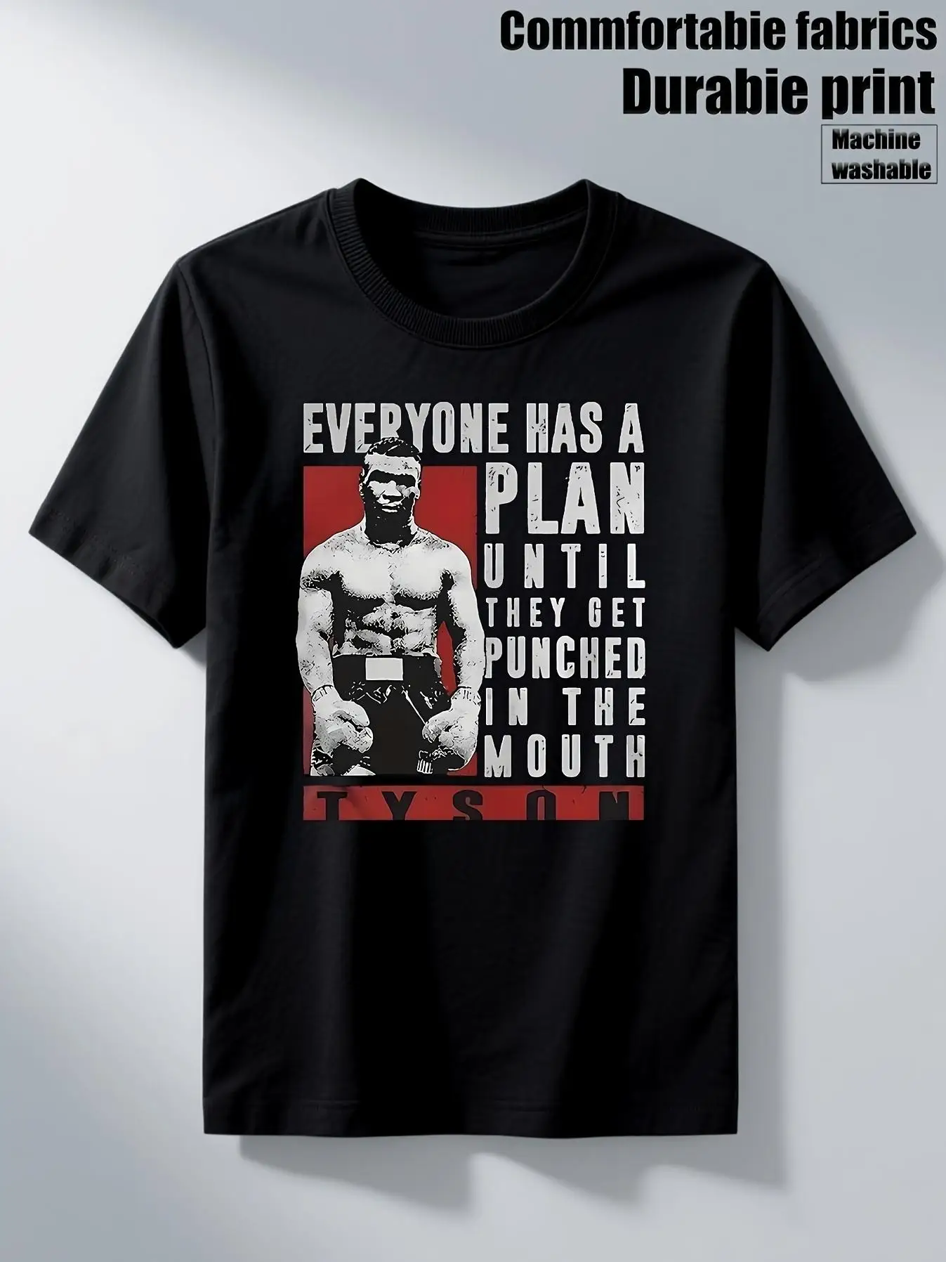 Haraji District Style Tyson Quotes Printed Men's T-Shirt, Suitable for Any Season, Unisex, Fun Daily Wear, Made of 230G Thickened High-quality Fabric, with Durable Print Quality, Classic Round Neck Design, Retro Style, and Casual Wear